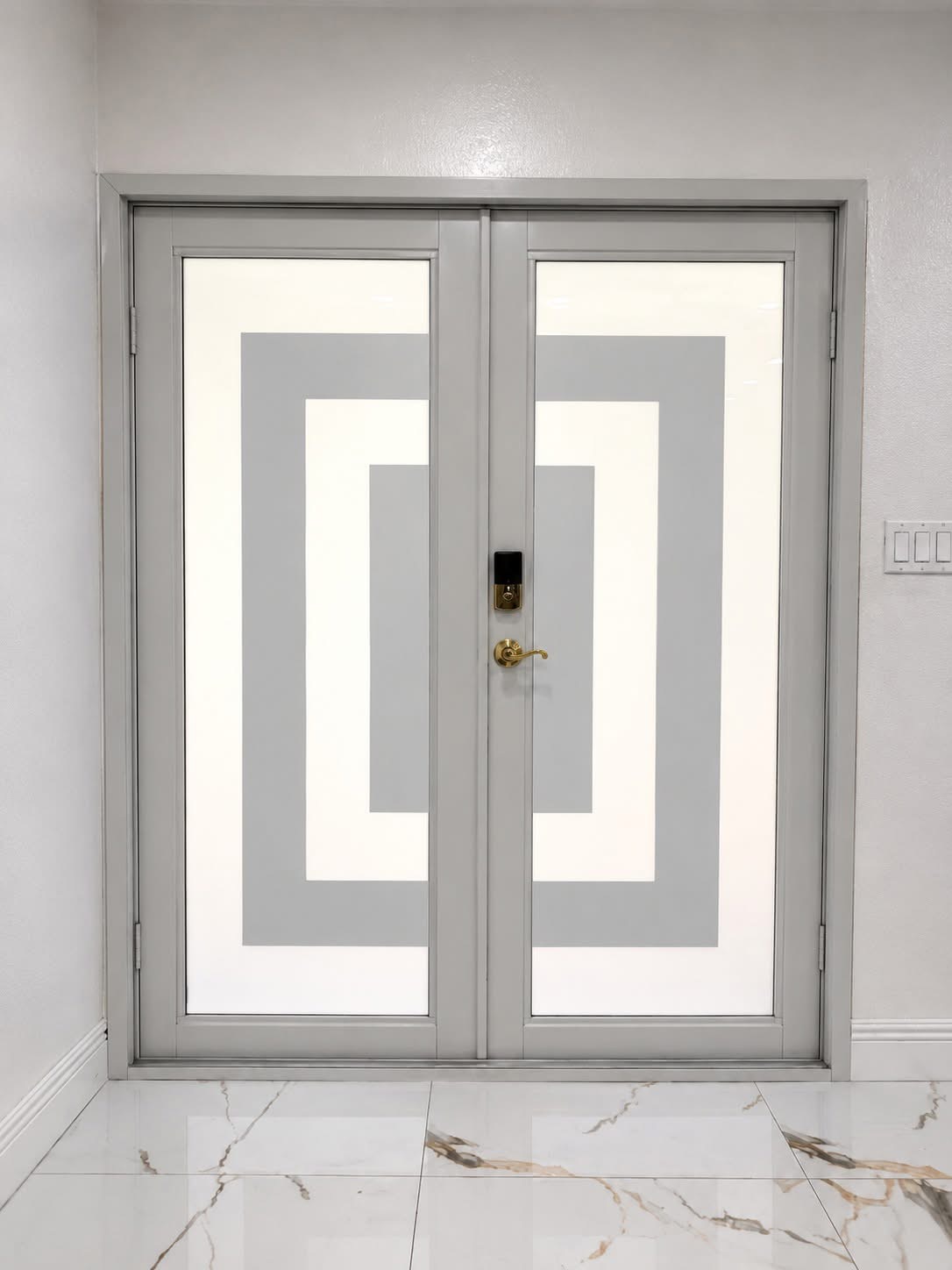 Gray double door with rectangular glass pattern interior view