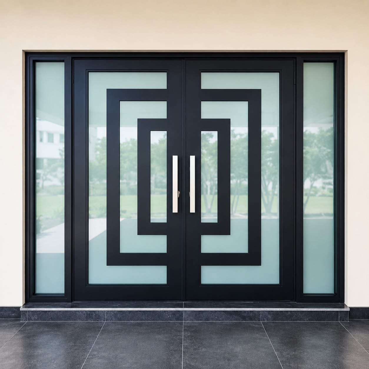 Black impact entry door with geometric glass and sidelight panels