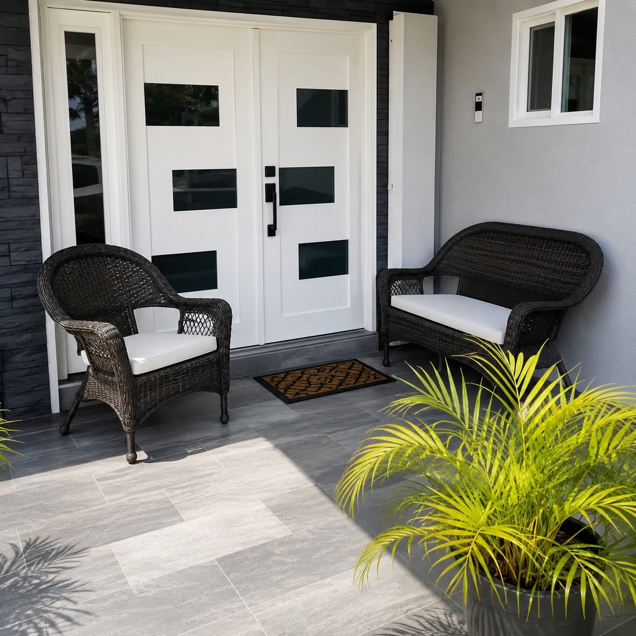 Black double entry door with gold handles and geometric glass pattern