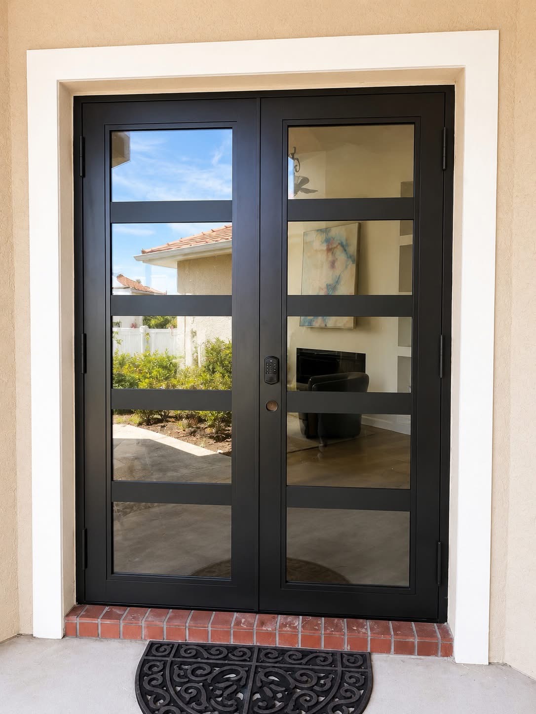 Black double door with horizontal glass panels
