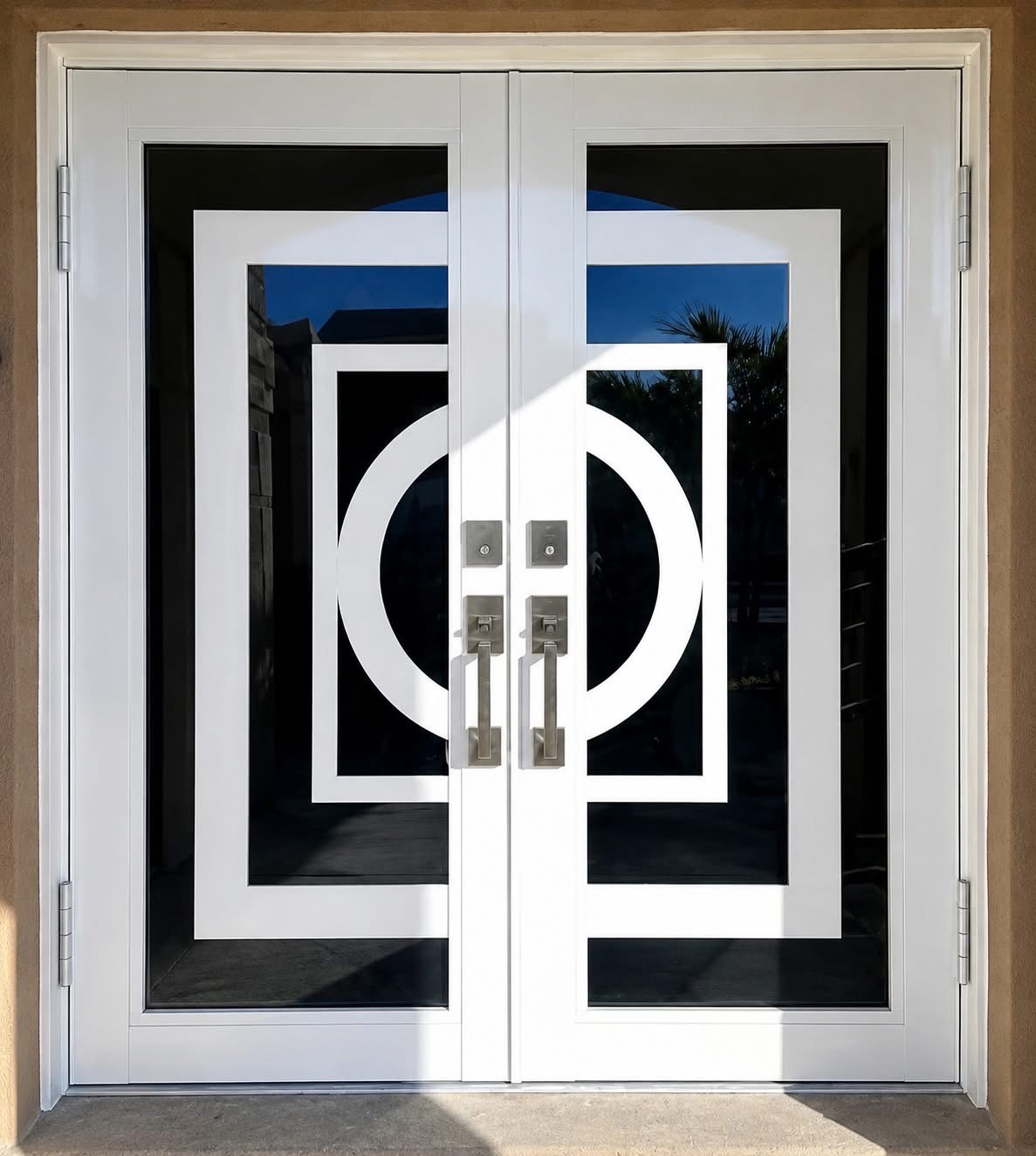 White double entry door with circular frame design