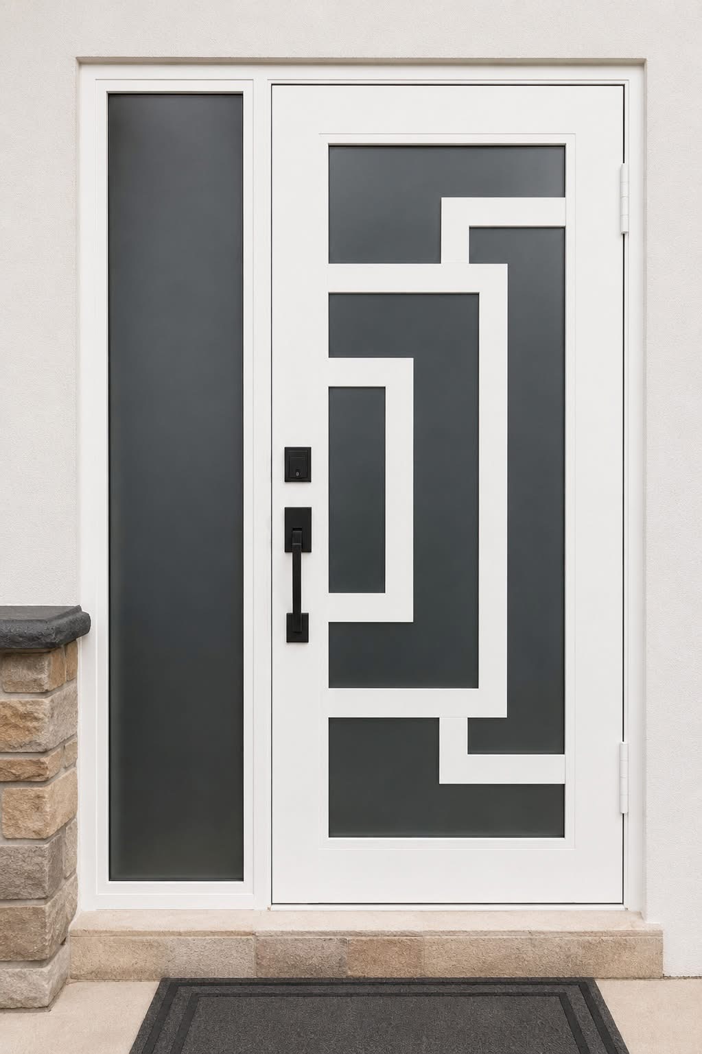 White single entry door with zigzag pattern and sidelight