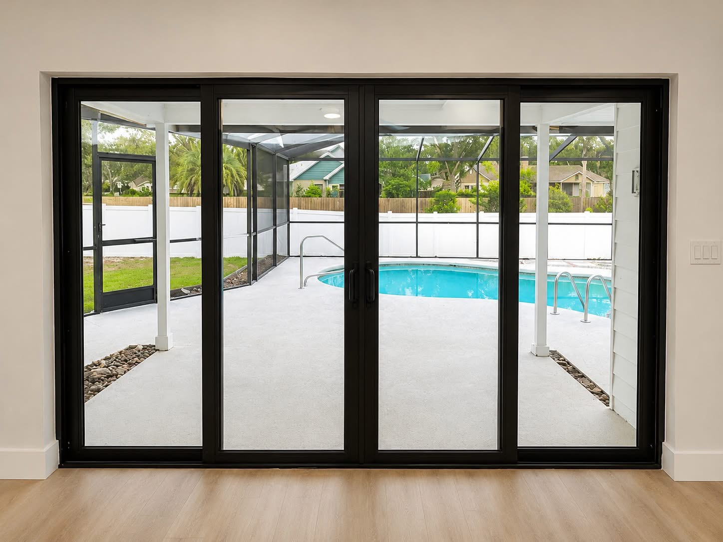 Black impact door with geometric glass and sidelights