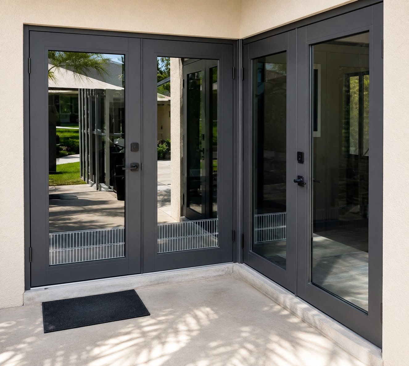 White double door with oval motif and arched transom