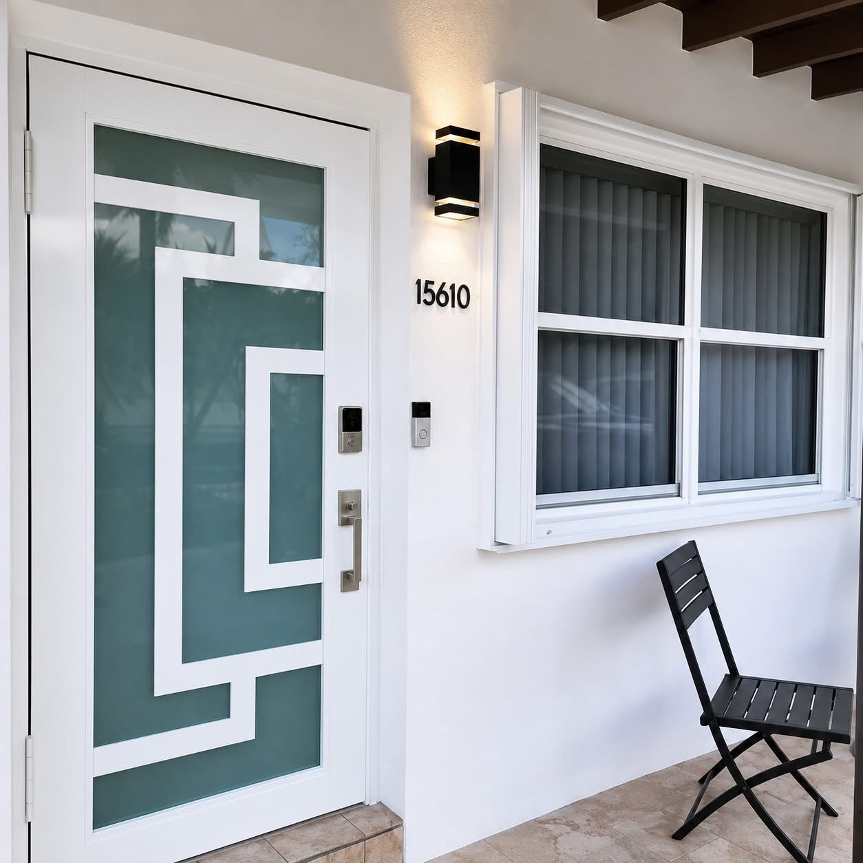 Gray double door with rectangular glass panels interior