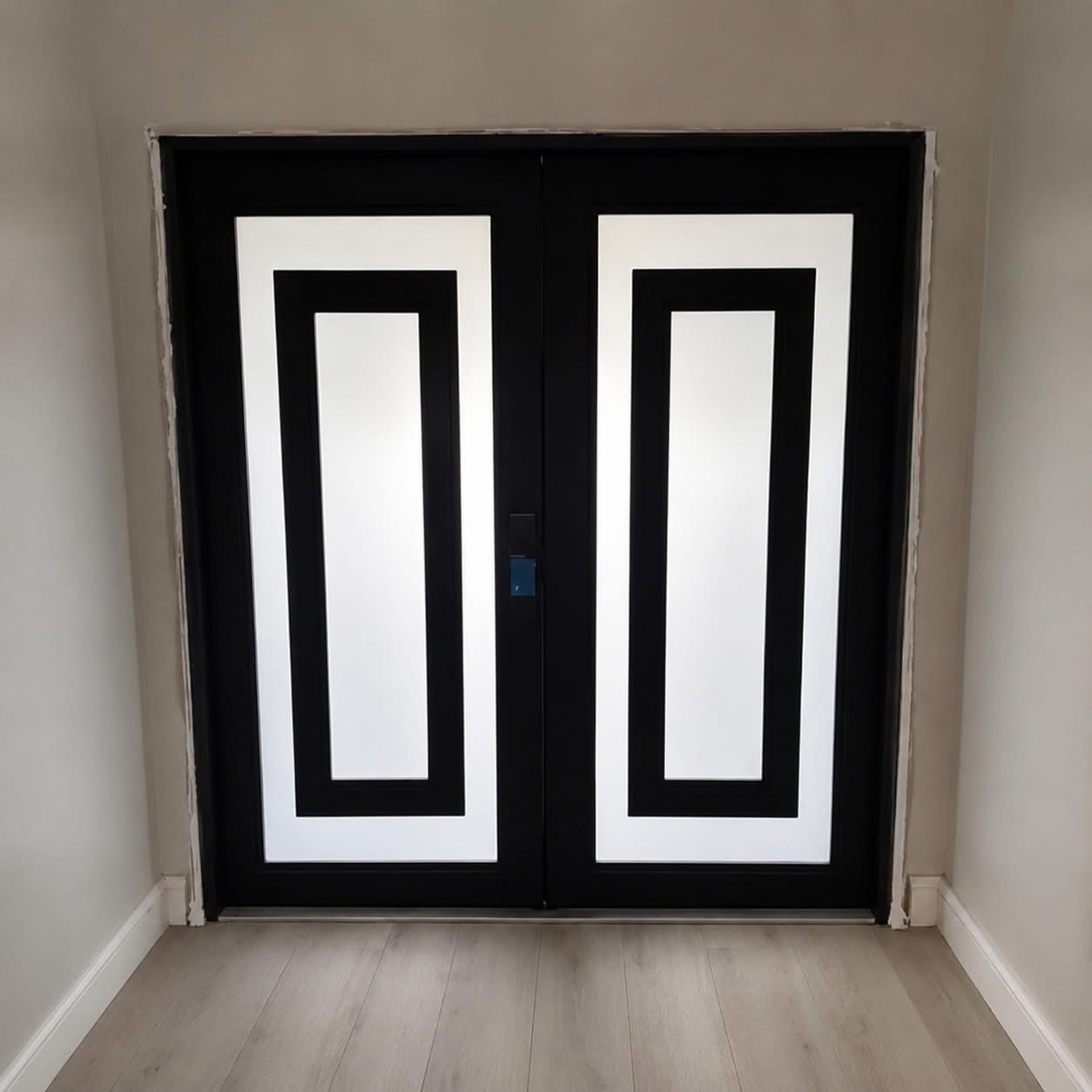 Black and white double door with rectangular geometric design