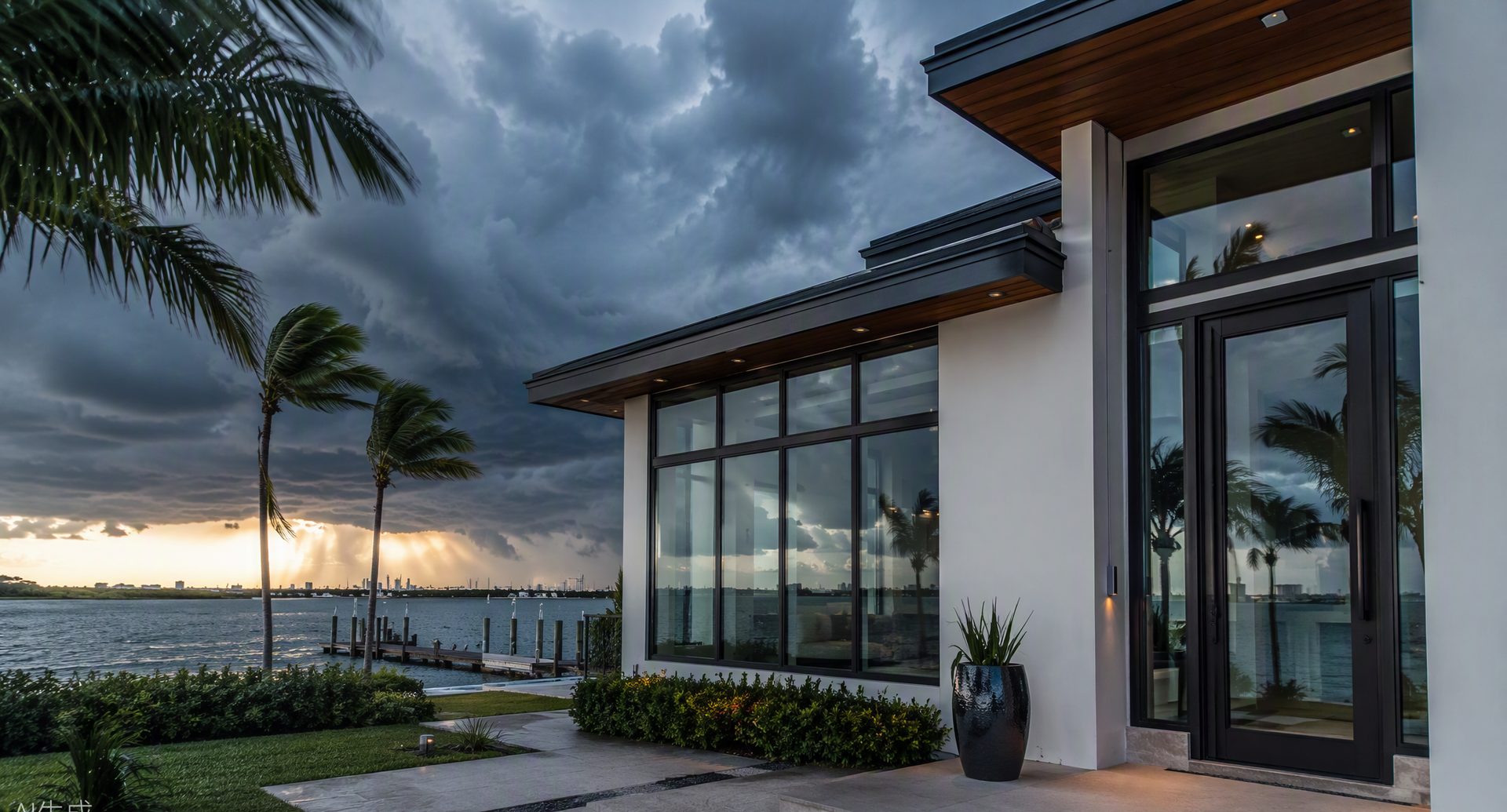 Modern Tampa Bay waterfront home with impact windows and doors standing calm beneath approaching storm clouds